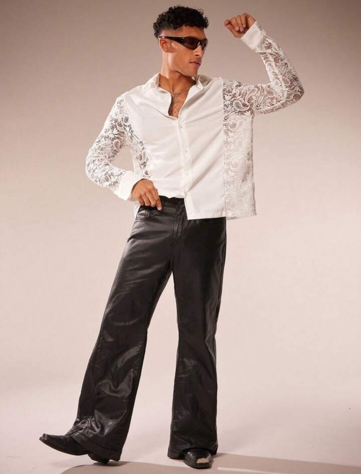 Men's Lace Hollow-Out Patchwork Long Sleeve Shirt